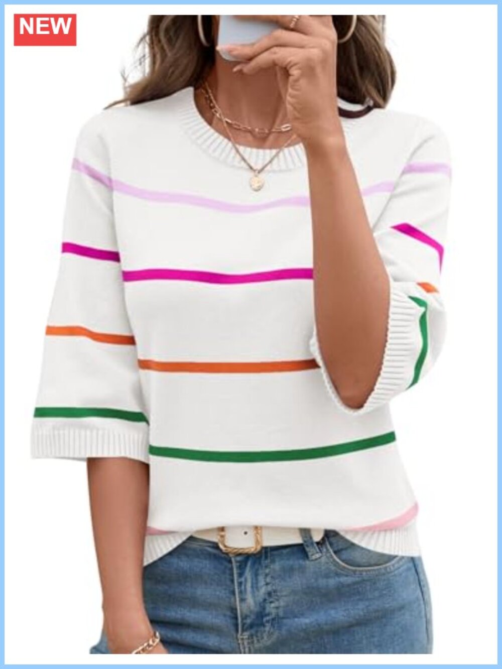 Women's Striped 3/4 Sleeve Pullover Sweater - Lightweight Knit for Casual